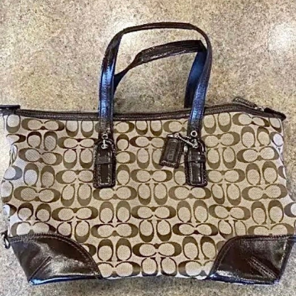 COACH Maggie Signature Brown Canvas Leather Tote Shoulder Purse